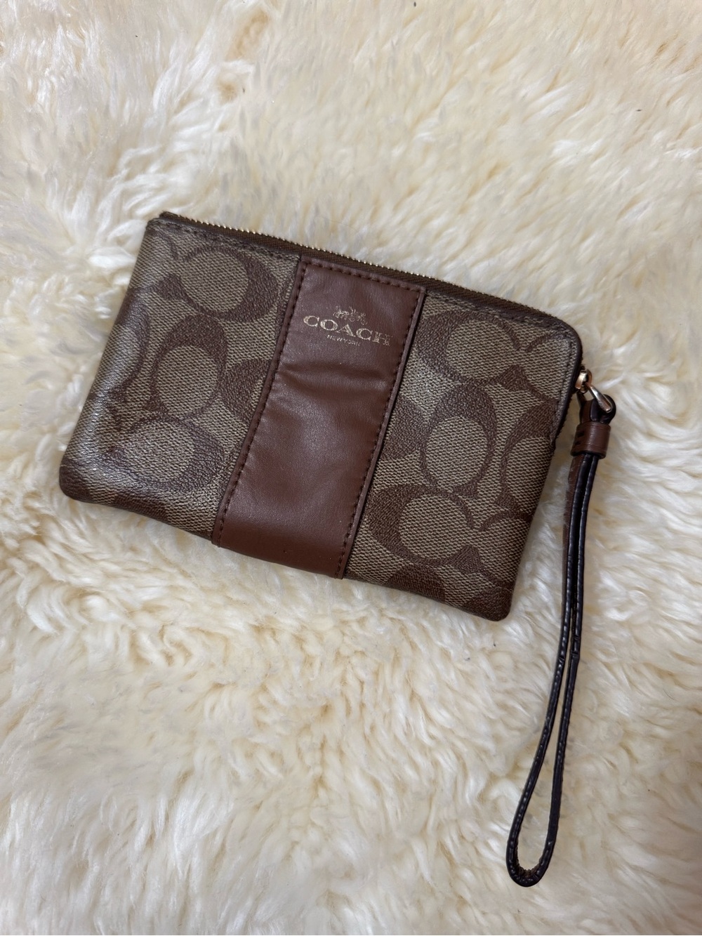 COACH Brown Signature Canvas Wristlet with Leather Trim